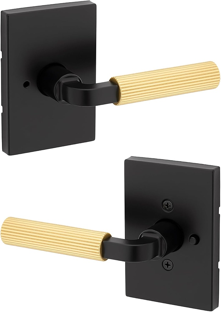 Kwikset Mirada Reeded Interior Privacy Door Handle with Lock, Handle for Bathroom and Bedroom, Matte Black Satin Brass, Reversible Keyless Push Button Lock, with Microban Protection