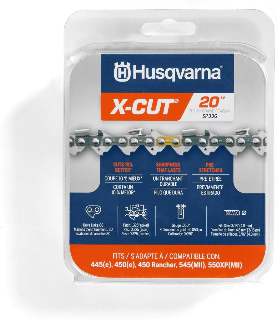 Husqvarna X-Cut SP33G 20 Inch Chainsaw Chain, .325" Pitch, .050" Gauge, 80 Drive Links, Pre-Stretched Chainsaw Blade Replacement with Superior Lubrication and Low Kickback, 581643680