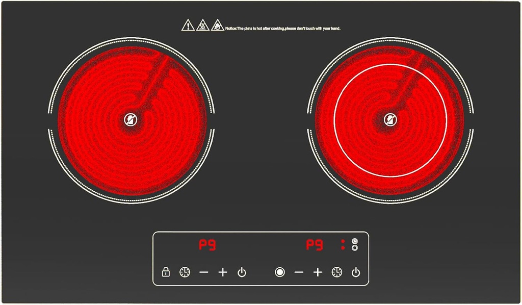 Electric Cooktop,110V 2400W 2 Burner Electric Cooktop,Countertop and Built-in Stove top with 9 Power Levels,Child Safety Lock, Timer, LED touch control,Overheat Protection