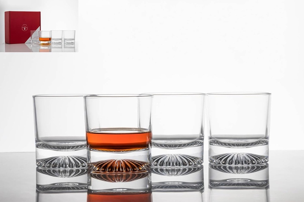 10oz Old Fashioned Whiskey Glasses Set | Lead-Free Crystal, Heavy Base, Rock Glass with Sunflower-Textured Base, 4-Piece Set for Scotch & Cocktails