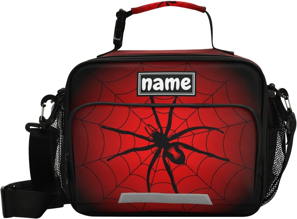 Custom Halloween Spider Web Red Black Lunch Bag for Boys Girls Kids Personalized Your Name Lunch Tote Bags Insulated Lunch Box for School Picnic Travel