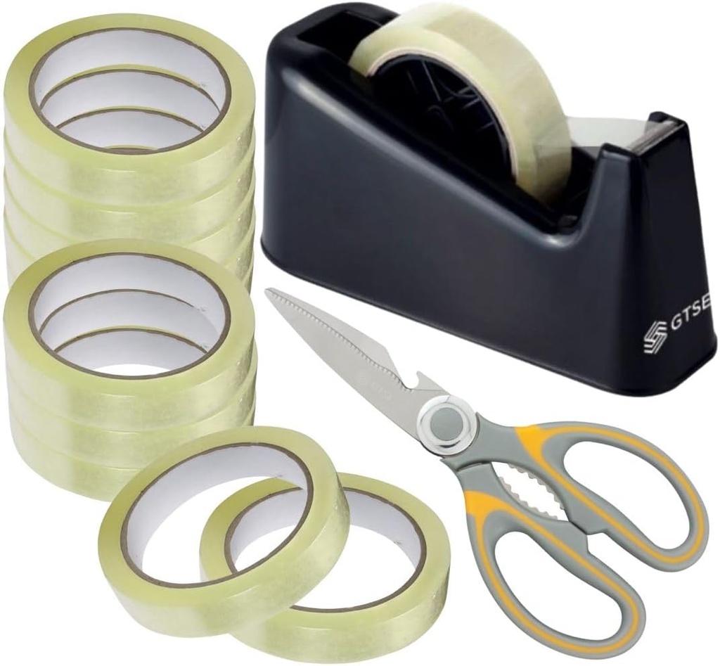 GTSE Premium Clear Tape, Dispenser & Heavy Duty Scissors, 1 inch x 217 feet, Strong Transparent Gift Wrap Tape for Home, Office, 12 Rolls