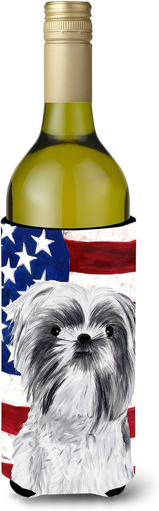 Caroline's Treasures SC9015LITERK USA American Flag with Shih Tzu Wine Bottle Hugger Bottle Cooler Sleeve Hugger Machine Washable Collapsible Insulator Beverage Insulated Holder