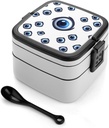 Evil Eyes Bento Box for Adults Double Layer Lunch Box with Spoon And Invisible Handle Microwave Dishwasher Safe Leak Proof Meal Prep Lunch Containers for Office Picnic
