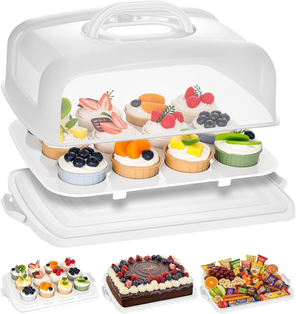 VGOODALL Cake Carrier, 12 Capacity Large Cupcake Holder, 3-in-1 Rectangular Cake Containers for Pies Muffin Candies Fruits Snacks, Dessert Storage Box for Parties, Picnics, Baking(14×10.8×5)