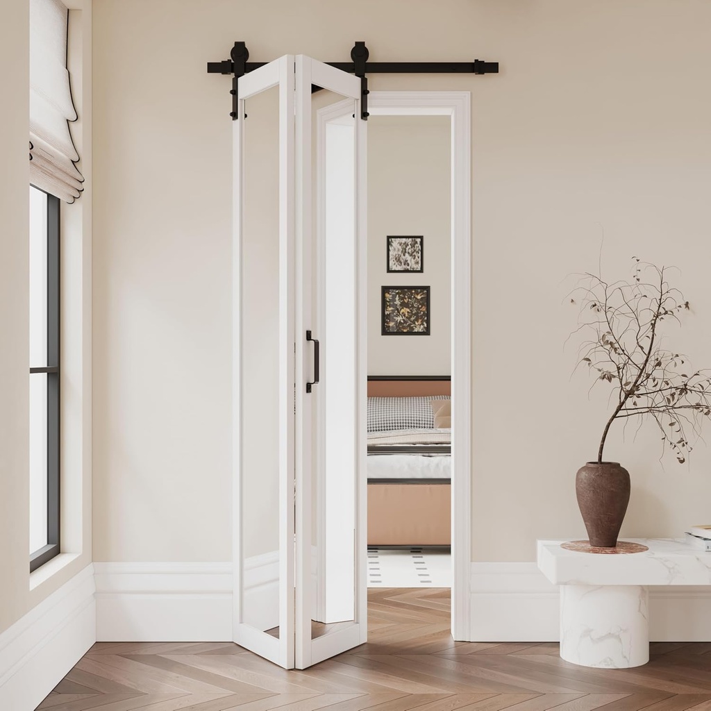 Full-Length HD Shatterproof Mirrored Bifold Barn Doors and Hardware Included, 36" x 84" Closet Bifold Sliding Barn Door with Good Privacy, Pre-Assembled MDF Panels Bi Fold Barn Door