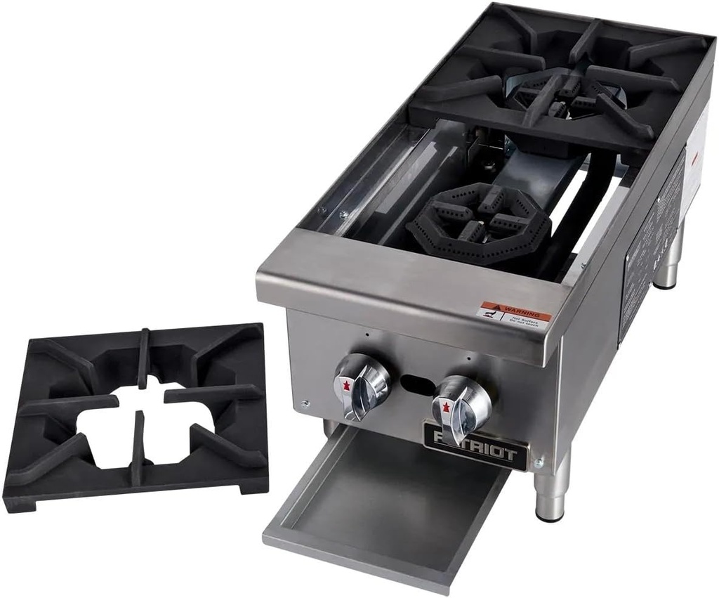 Patriot Commercial Gas Hot Plate, 2-Burner, 50,000 BTU, 12-Inch Wide, Stainless Steel