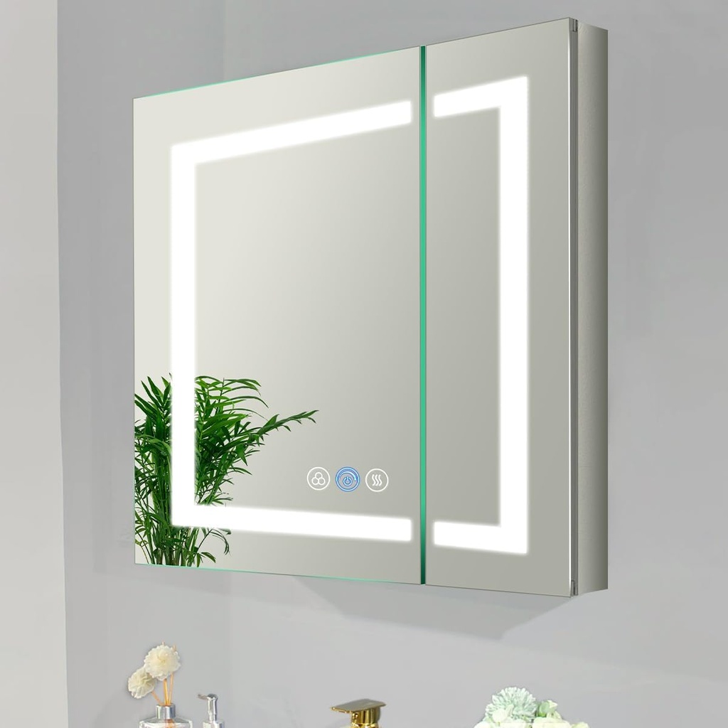 Lighted Medicine Cabinet with Mirror Outlet,30 X 26 Inch,Recessed Or Surface-Mounted Led Medicine Cabinet Mirror for Bathroom Storage,Interior Light, Double Door,Defog,Stepless Dimming