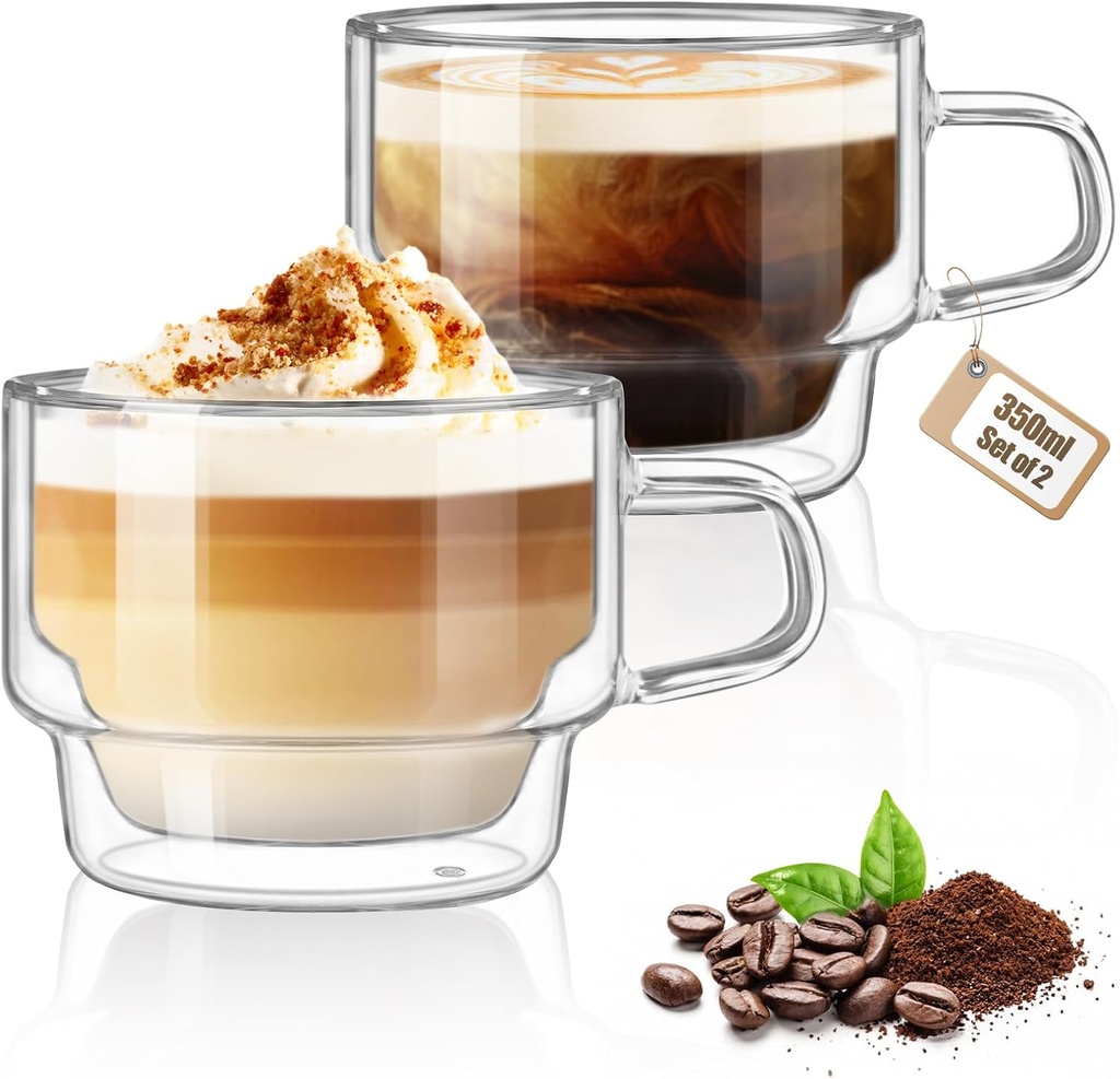 glastal 12 oz Latte Macchiato Glasses, Double-Walled Coffee Glasses, Set of 2, Glass Stackable Coffee Cups, Tea Glasses with Handle for Cappuccino, Tea, Milk, Gifts for Women Friends New Home Gift