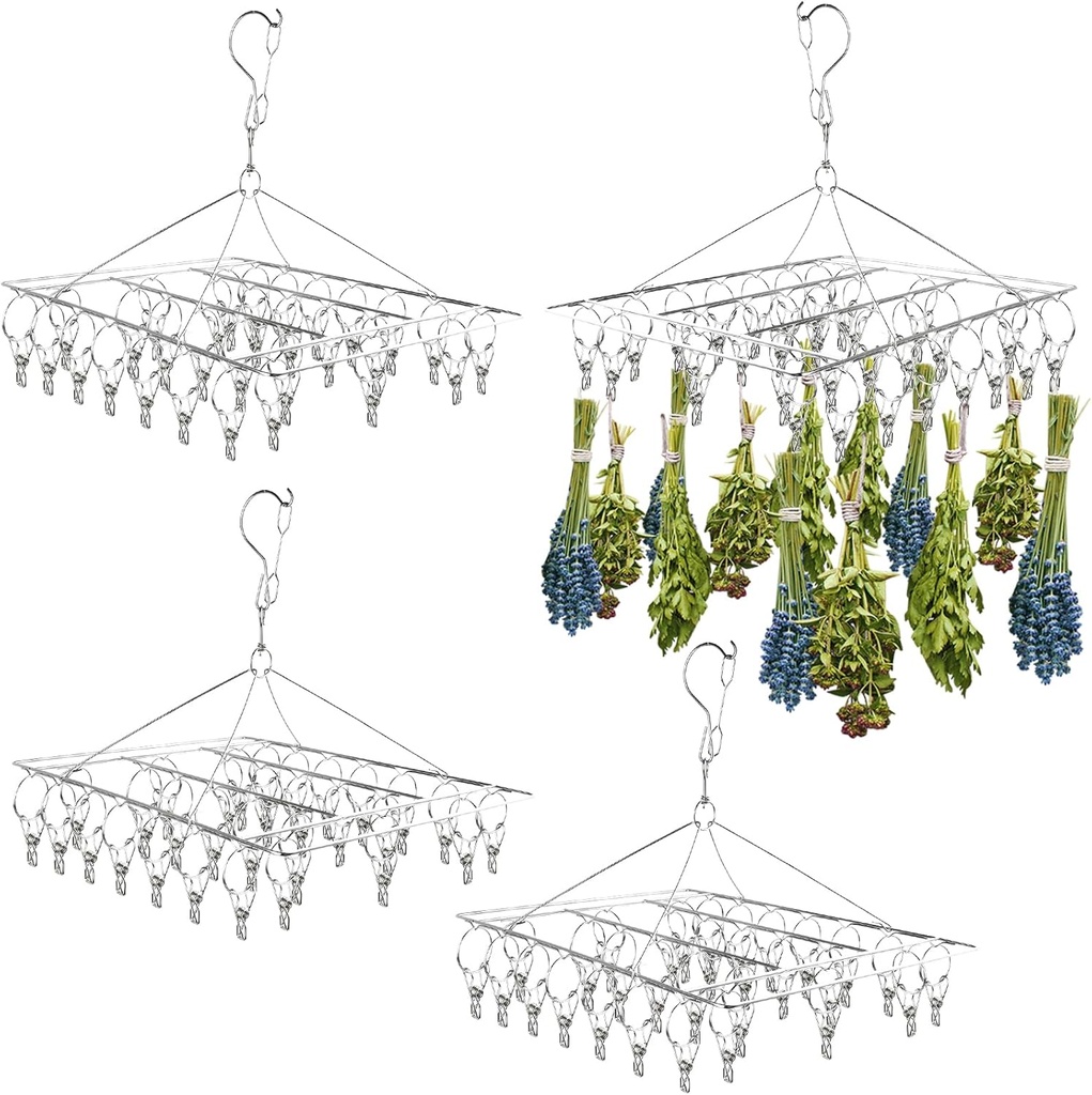 4-Piece Hanging Herb Drying Rack - Stainless Steel with 30 Hooks, Space-Saving for Fresh and Aromatic Herbs