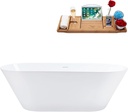 Streamline 70" Freestanding Soaking Bathtub – Glossy White Acrylic Tub with Polished Chrome Internal Drain and Bamboo Tray – Modern Tub for Stylish Bathrooms – 100 Gallon Capacity