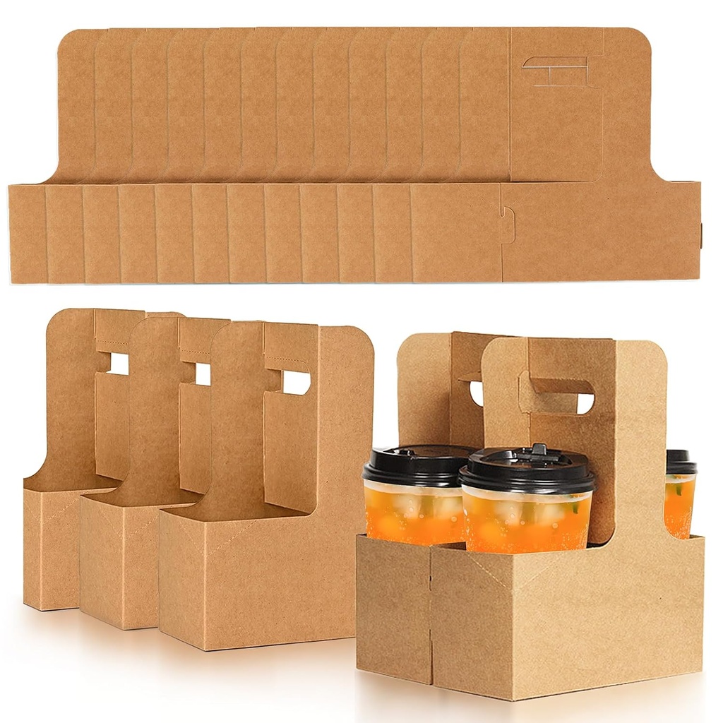 50 Pack 2 Cup Kraft Drink Carrier with Handle, 2 or 4 Cup Kraft Paperboard Drink Carrier Disposable to Go Coffee Cup Holder for Hot or Cold Drinks, Food Delivery, Cafe