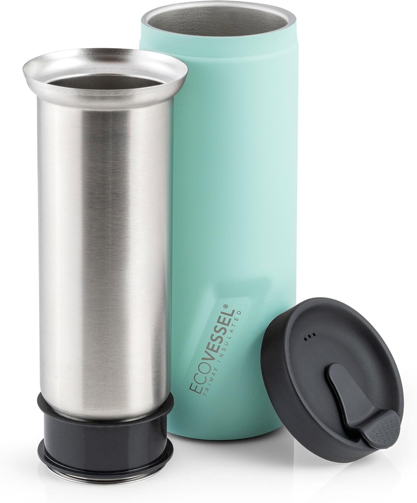 EcoVessel Travel French Press, Portable Coffee Maker, Stainless Steel Insulated Coffee Press, Reusable Single Serve Bottle for On-The-Go Use, 14oz (Mint)
