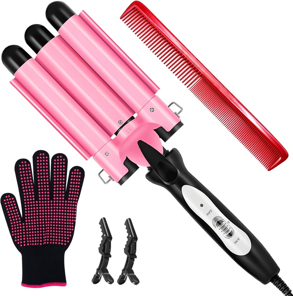3 Barrel Curling Iron - 1" Professional Ceramic Hair Crimper with Dual Voltage & 2 Temperature Settings | 25mm Triple Barrel Waves Wand for Fast Heating Styling | Pink
