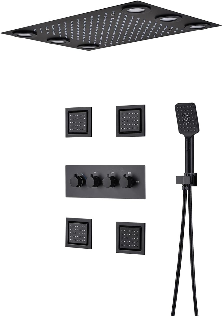 Cascada Thermostatic 14 x 20 Inch square LED Shower System with 4-Way Shower Mixer, Rainfall, 4 Massage Jets Spray Body Shower Set and Hand Shower (Matt Black)