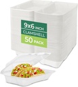 Freshware Clamshell Food Containers with Lids [9x6 50-Pack] Disposable To Go Containers, Biodegradable Sugarcane To Go Boxes - Paper Container - Microwave & Freezer Safe, Stackable