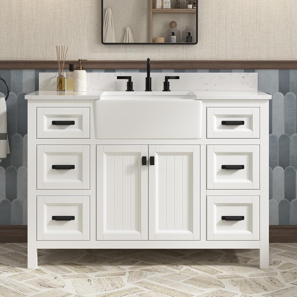 48 Inch Bathroom Vanity with Sink, Farmhouse Bathroom Sink Cabinet with Adjustable Feets, Solid Wooden Frame Single Sink Bathroom Vanity with Soft Closing Doors, Apron Farm Sink, White