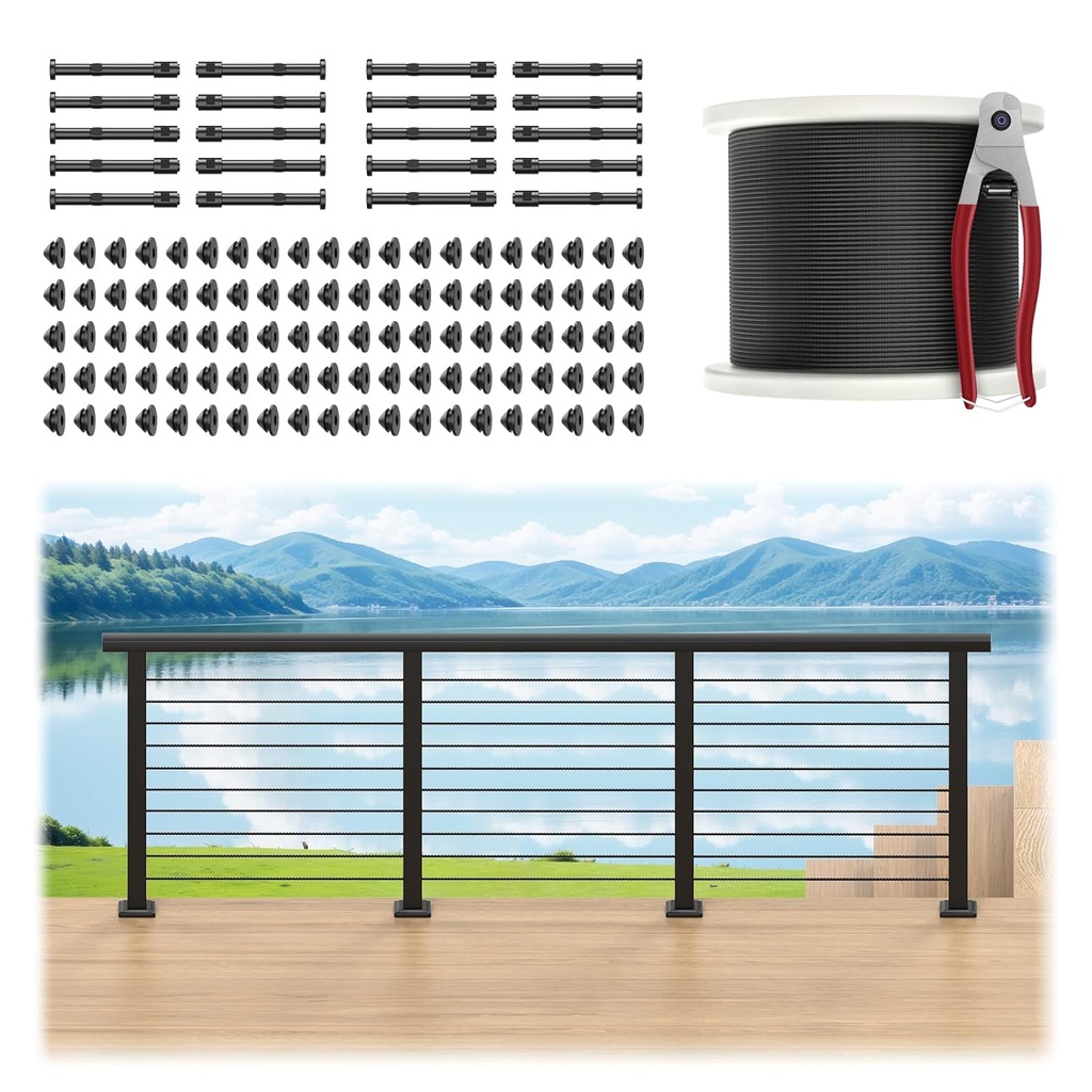 36" Cable Railing Post Kits, Flat Top Cable Post System Includes 4Pack 35" Level Drilled Posts, 1/8" Black Wire Rope w/Cutter, Swageless Cable Railing Tensioner System Kit(No Handrail), RG31