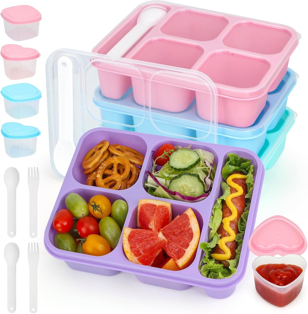 Bento Box for Kids, 4 Pack Reusable 5-Compartment Snack Containers for Kids and Adults, Stackable Snack Box (Marcon)