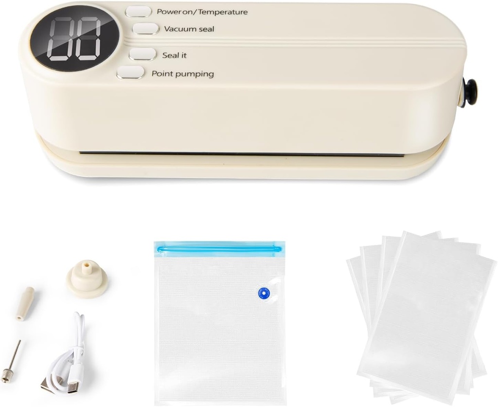 3-in-1 Mini Vacuum Sealer for Food, Cordless Rechargeable Sealer with 5 Bags, Dry/Moist Food Storage, Heat Seal for Chips, Inflation Pump for Inflatable Toys - White