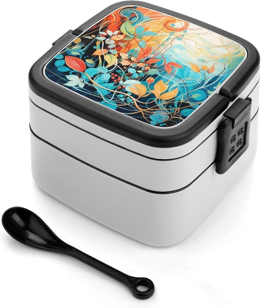 BTCOWZRV Warm Color of Branches Bento Box with Compartments Double Layer Bento Lunch Box with Spoon And Handle All-in-One Adult Lunchbox Leakproof Lunch Container for Work Picnic Travel