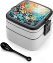 BTCOWZRV Warm Color of Branches Bento Box with Compartments Double Layer Bento Lunch Box with Spoon And Handle All-in-One Adult Lunchbox Leakproof Lunch Container for Work Picnic Travel