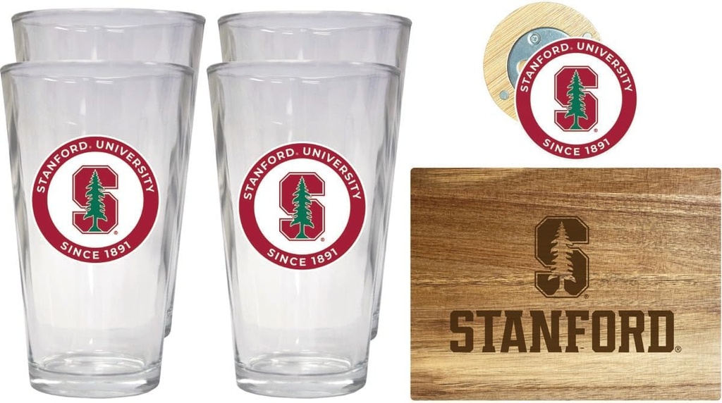 R and R Imports Stanford University Officially Licensed Kitchen Pack - Wood Cutting Board, 4 Pint Glasses & Magnetic Bottle Opener
