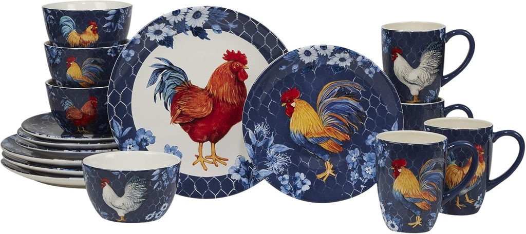Certified International Indigo Rooster 16 pc Dinnerware Set, Service for 4