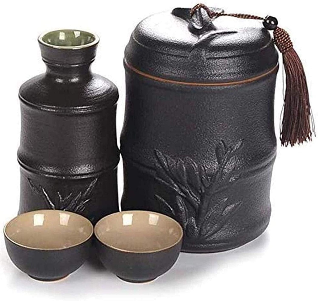 Sake Set 4 Piece Sake Set, Bamboo Modeling Design Wine Cup Set with Warming Pot, Black Glazed Ceramic Cups, for Cold/Warm/Shochu/Tea