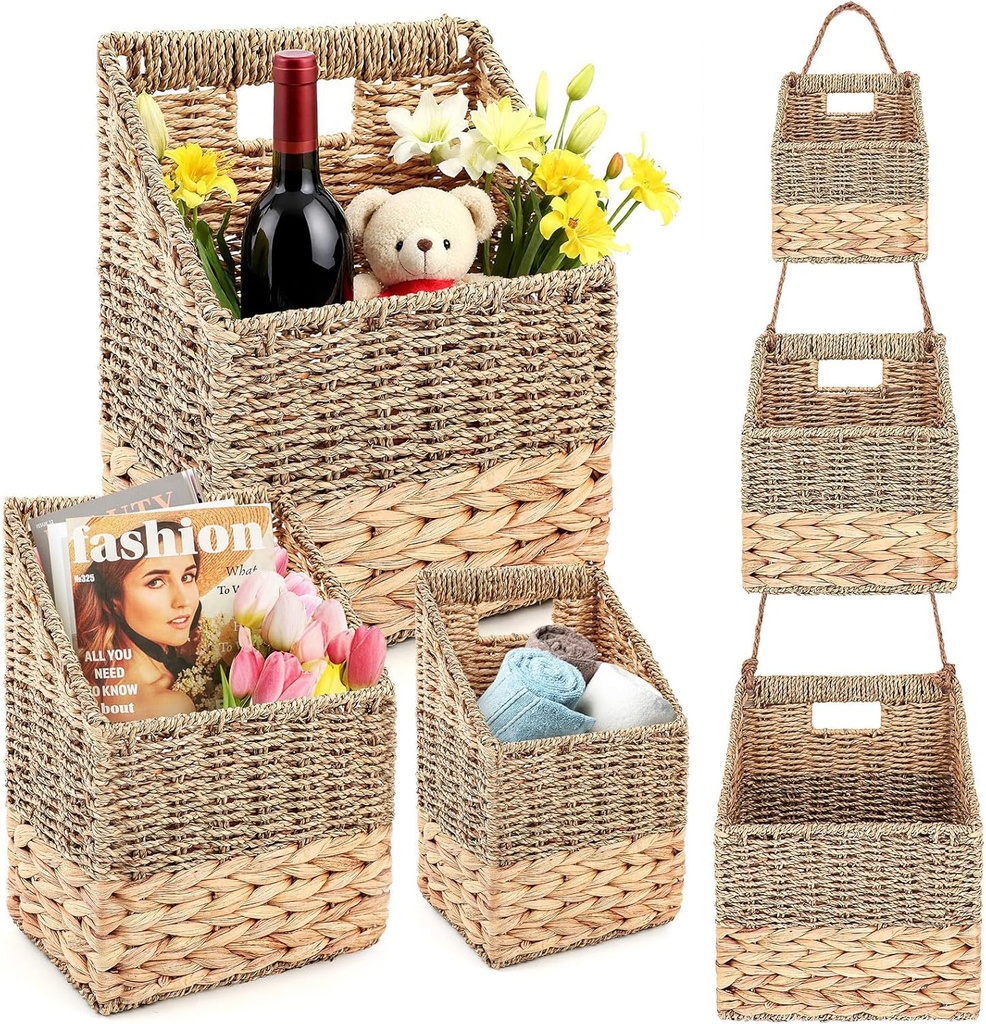 Set of 3 Wicker Wall Magazine Basket, Magazine Holder Water Hyacinth Storage Baskets for Mail, Files, Books & Accessories Wall-mounted Organizer for Door Home, Office Organization