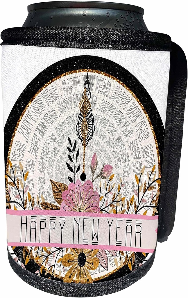 Can Cooler Bottle Wrap - Happy New Year Clock Striking Midnight and Pink Floral All Holiday Greetings