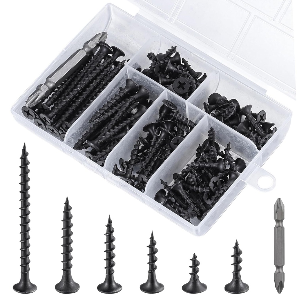#6 Black Fastener Drywall Screws Kit-Phillips with coarse Threaded tip, Black, Suitable for Drywall Slate, Wood, etc.