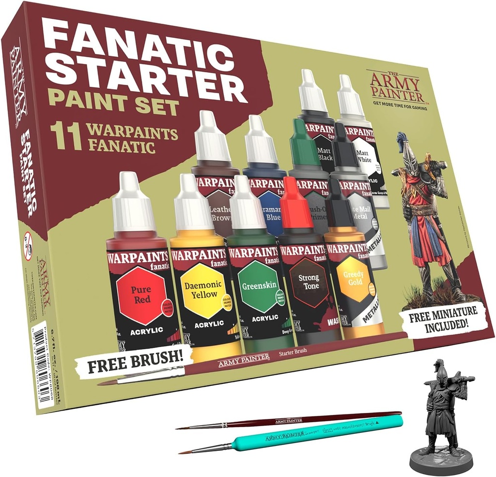 The Army Painter Warpaints Fanatic: Starter Set Combo, 11 paints: 7 acrylic colours, 2 Metallics, 1 Wash, 2 Brushes & 1 Free Miniature figure, For models and miniature painting