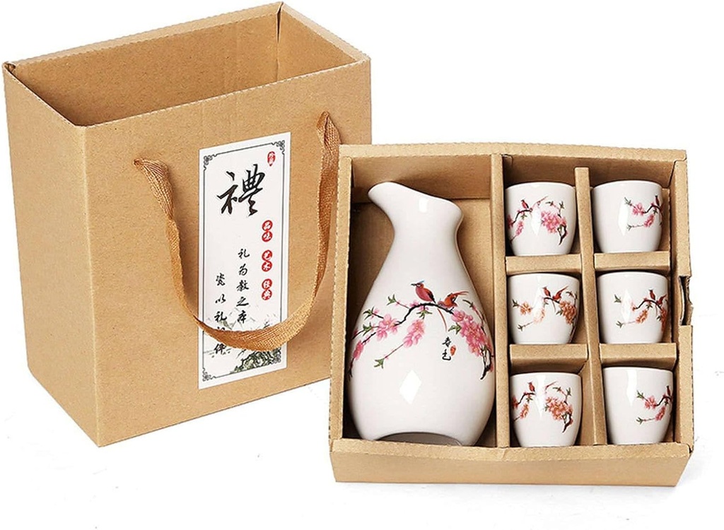 Japanese Sake Set Ceramic Saki Set With Sake Carafe 6 Sake Cups For Home Restaurant White And Cherry Blossom-red plum-whole set