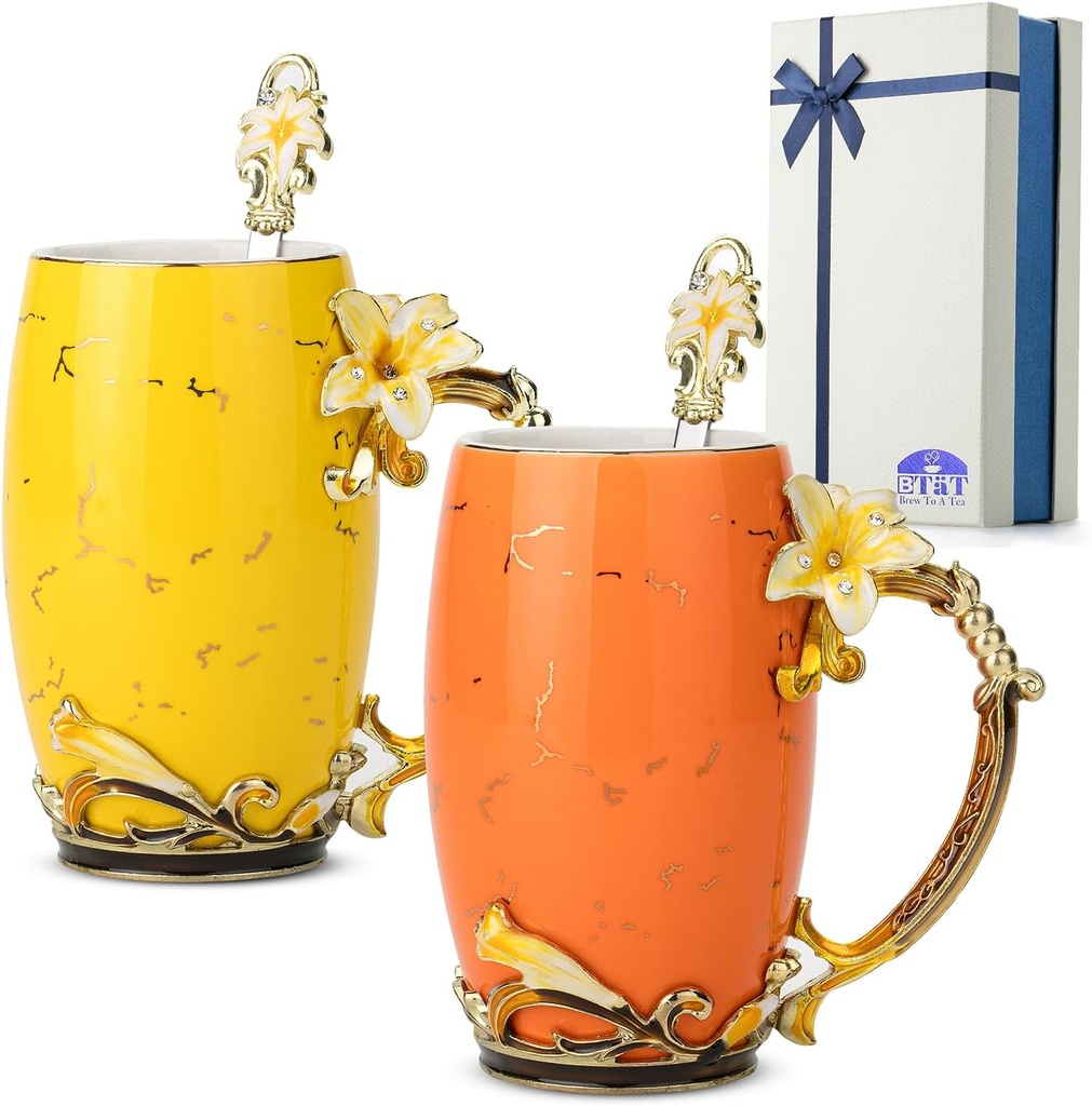 BTaT- Floral Ceramic Mugs with Spoon, Set of 2, Yellow and Orange, Fancy Coffee Mugs with Spoon, Christmas Gifts