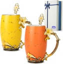 BTaT- Floral Ceramic Mugs with Spoon, Set of 2, Yellow and Orange, Fancy Coffee Mugs with Spoon, Christmas Gifts