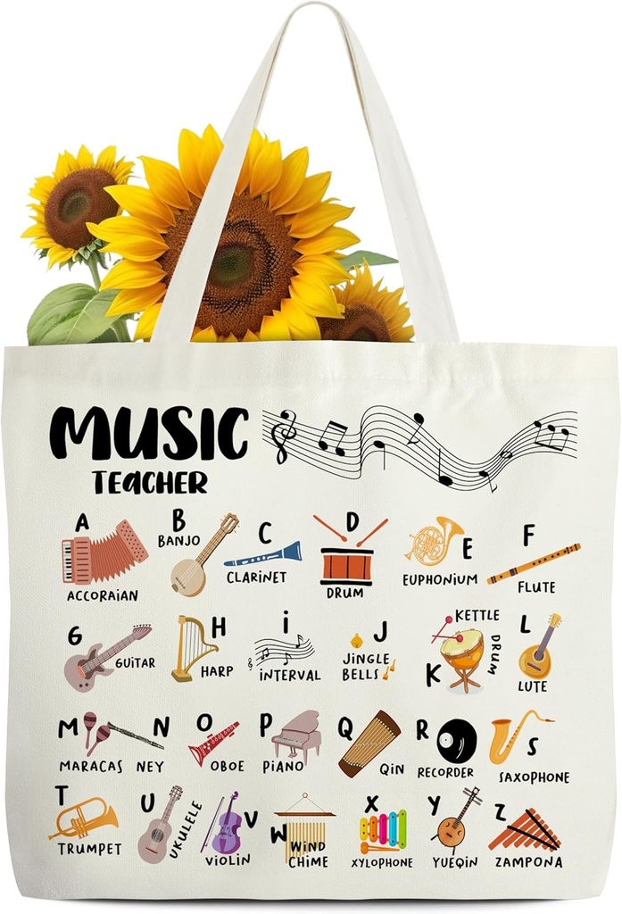 Music Teacher Canvas Tote Bags, Thank You Appreciation Gifts For Music Teacher, Birthday Teacher's Day Retirement Christmas Gifts For Music Teacher, Musical Symbols Themed Reusable Grocery Bag -44