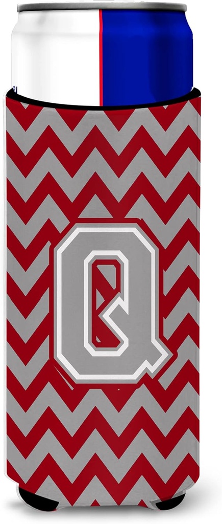 Letter Q Chevron Crimson and Grey Ultra Beverage Insulators for slim cans