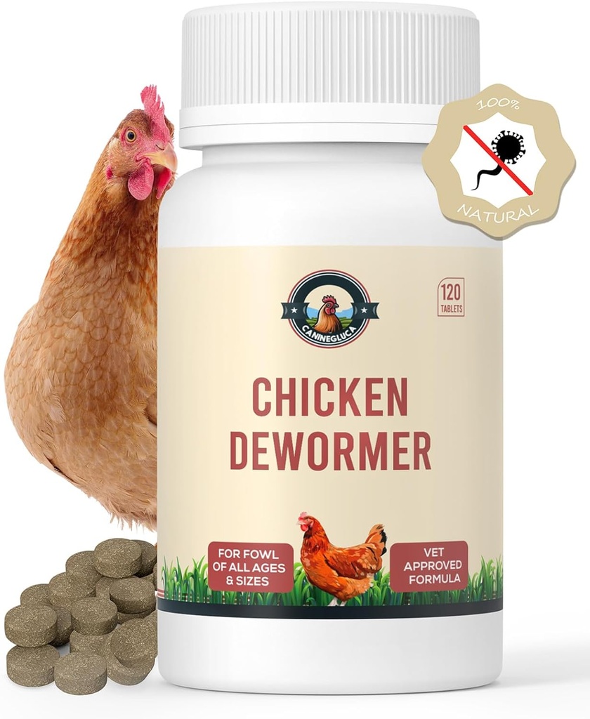 Chicken De-wormer: an All-Natural Health Formula, 120 Tablets, Safe for Eggs During Use, Complete Poultry Medicine Supplies, US-Made, Effective for Poultry and Ages.
