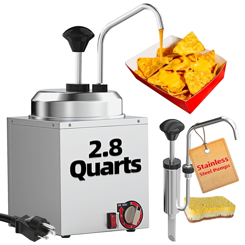 Nacho Cheese Dispenser with Stainless Steel Pump, 2.8 QT Cheese Sauce Warmer,Electric Hot Fudge Dispenser Butter Sauce Warmer 400W,86-194 F Temp Adjustable for Chili, Caramel, Butter
