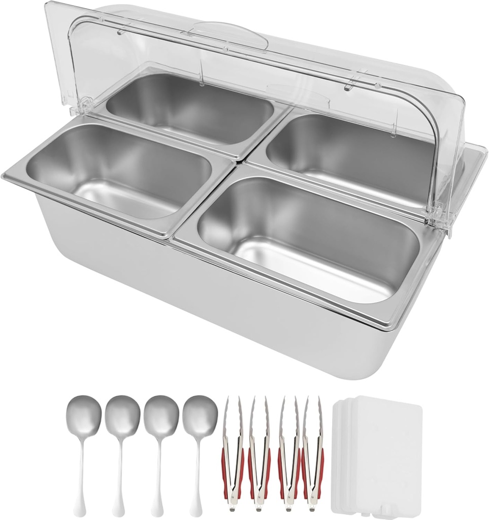 Countertop Food Serving Display Container Stainless Steel Condiment Dispenser Fruit Salad Display Rack W/Lid 4 Clamps 4 Spoons 3 Ice Boxes for Buffet Restaurant Hotel (4 Compartments)
