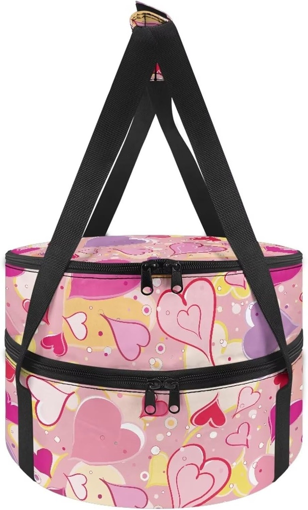 Insulated Round Casserole Carrier for Hot or Cold Food, Love Pie Carrier with Lid and Handle, Double Collapsible Cake Carrier for Potluck Parties, Picnic, Cookouts