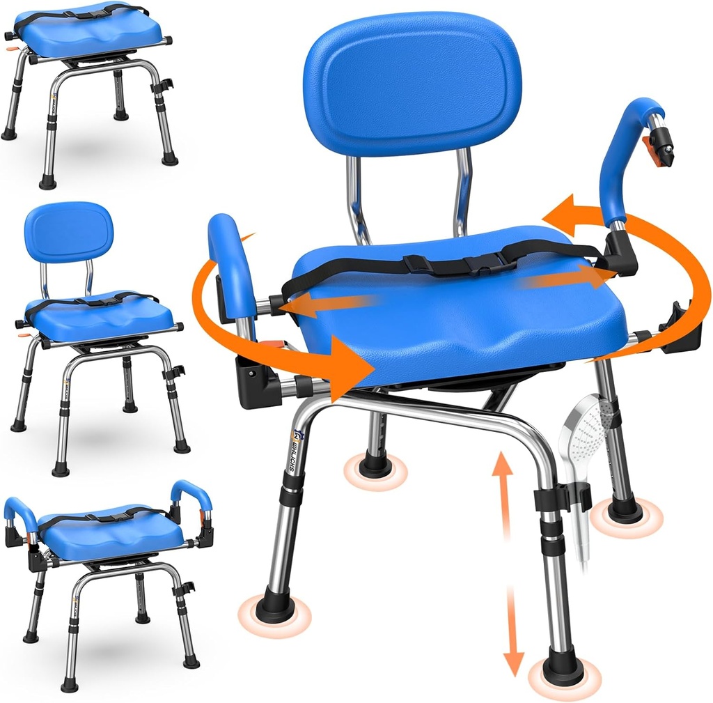 4-in-1 Wide 360°Swivel Shower Chair for Elderly and Disabled, Adjustable Height & Arms Width Padded Shower Chair for Inside Shower & Bathroom Bath Tub, 300lb Capacity Bariatric Shower Seats with Arms