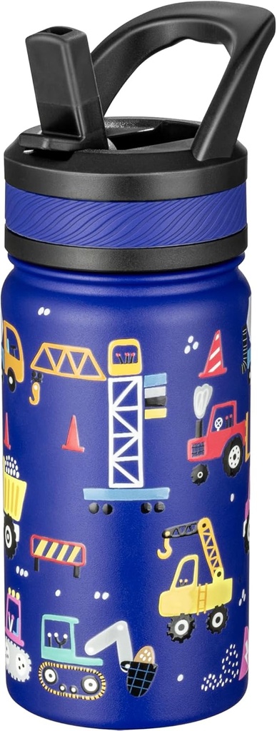 Fanhaw 14 Oz Kids Insulated Water Bottle with Straw - Stainless Steel Double Wall Vacuum Cup, Leakproof, BPA Free, Suitable for Boys and Girls(Blue - Under Construction)