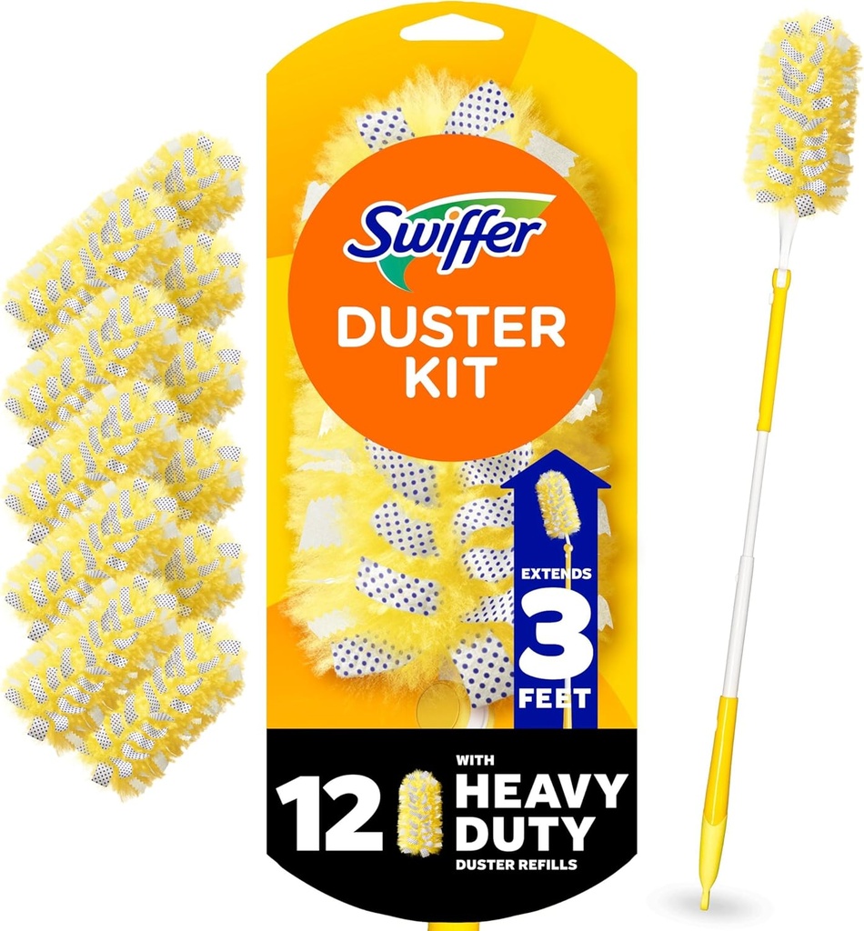 Swiffer Duster Heavy Duty Dusting Kit, Cleaning Supplies, 3 ft Extended Handle, 1 Duster, 12 Refills