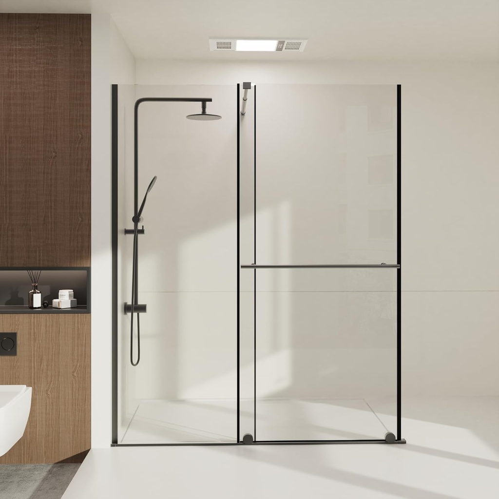 KEIKI Frameless Shower Sliding Door, 30-60" W x 72" H 1/4" Tempered Glass, Stainless Steel Handle & Supporting Bar, Dual Usage with Walk-in Function, Leak-Free Design – Matt Black