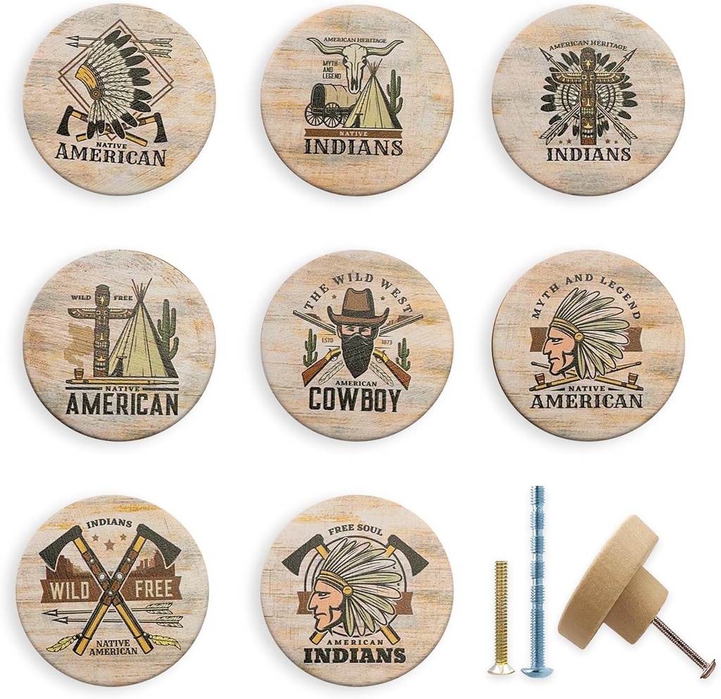 JamJam Set of 8 1-4/5Inch Round Unique Rustic Wild West Western Cowboy Silhouette Wood Kitchen Cabinet Bedroom Doors Dresser Drawer Knobs and Pulls