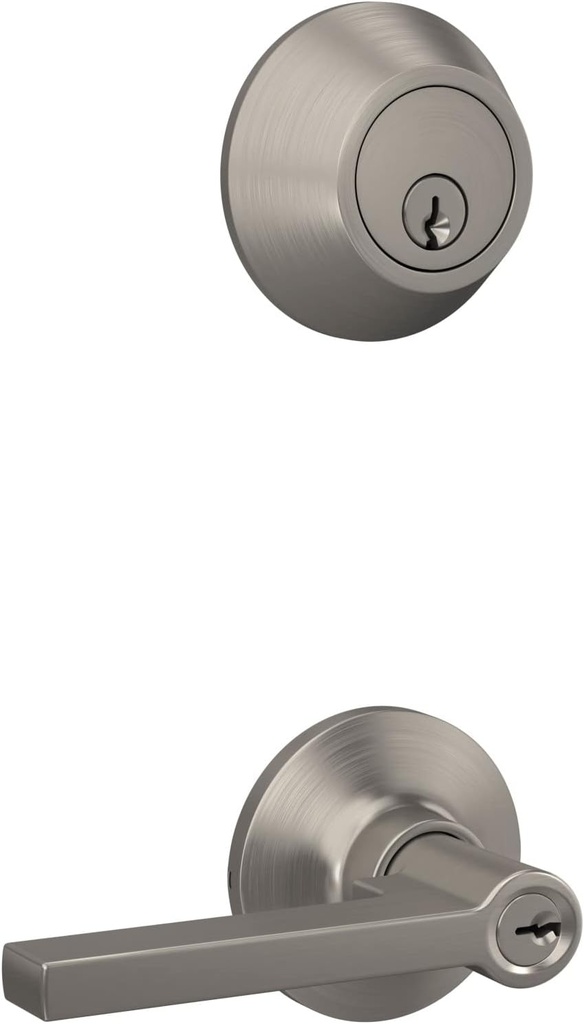 Lock Scout Straight Lever with Round Trim Keyed Entry Door Handle and Single Cylinder Deadbolt, Satin Nickel Finish