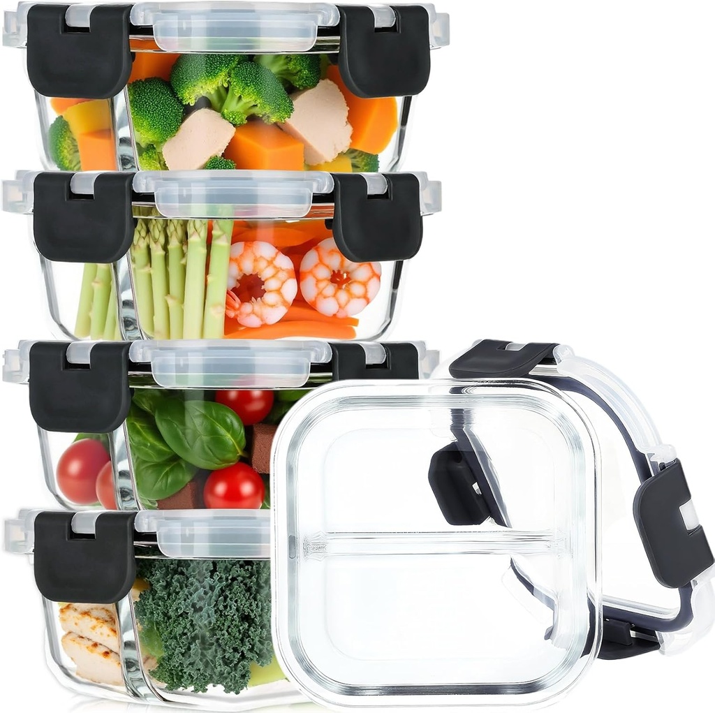 5 Pack Bariatric Meal Prep Containers, Glass Bowls for Portion Control, Bariatric Must Haves, 8 oz Glass Snack Food Containers with Lids, Dishwasher & Microwave Safe