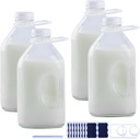 4 Pack 2 Qt Heavy Duty Glass Milk Bottles with Airtight Reusable SCREW LID- 1/2 Gal Reusable Water Bottles Jug Dispenser,64 Oz Juice Bottles (Extra 1 Pen,Stickers and Handles)